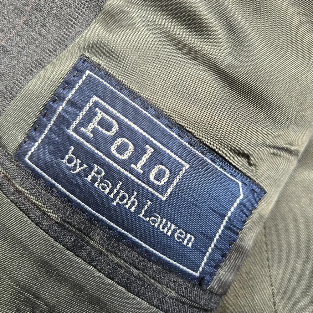 Vintage Polo Ralph Lauren 42R Gray Stripe Wool Blazer‎ Made USA Mens Sport Coat